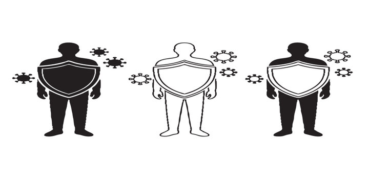 Human figure protected by shield from virus particles icon set, exactly 3 distinct icons, health protection and infection prevention concept, solid and outline styles, black and white, anatomically co
