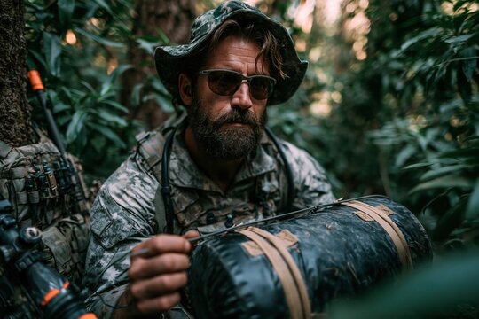 Bearded Survivalist Preparing Gear in Jungle
