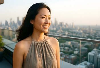 Fototapeta premium Success and ambition, happy woman looking at city skyline from rooftop terrace at sunset for urban lifestyle and career growth inspiration