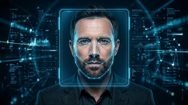 Futuristic facial recognition scan of a bearded man, featuring a high-tech blue biometric mesh grid and digital interface data elements overlay on a dark background.