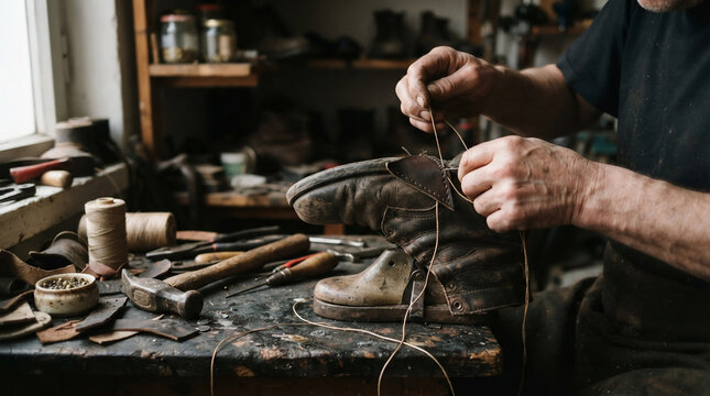 Close up of a skilled craftsman repairing a leather boot using traditional tools in a rustic cobbler workshop