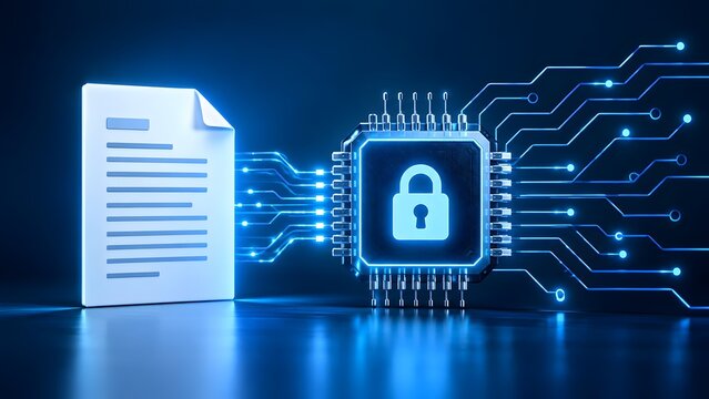 Secure digital document encryption with microchip padlock interface and electronic circuit traces