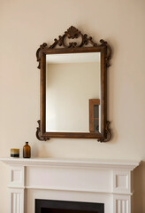 Obraz premium Interior design and home decor, ornate vintage mirror hanging above a white fireplace mantel with glass bottles in a minimalist living room setting