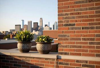 Fototapeta premium Urban lifestyle and city living, potted plants on a rooftop terrace with a skyline view of skyscrapers at sunset for modern architecture and real estate