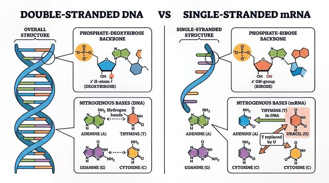 Double Stranded DNA vs Single Stranded mRNA Molecular Comparison Illustration.