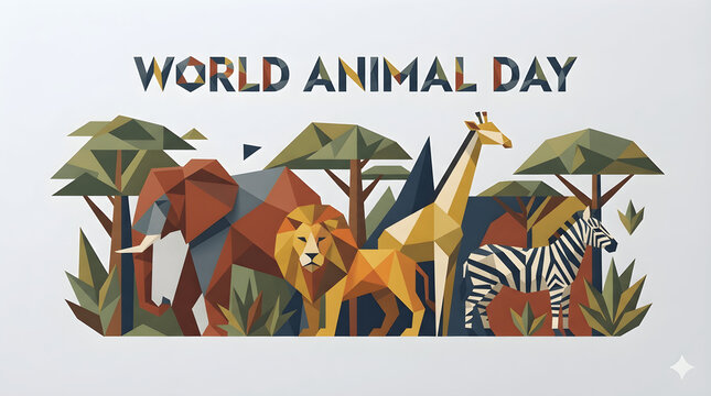 Low poly geometric World Animal Day banner illustration with elephant, lion, giraffe, and zebra in low polygon lowpoly origami safari style