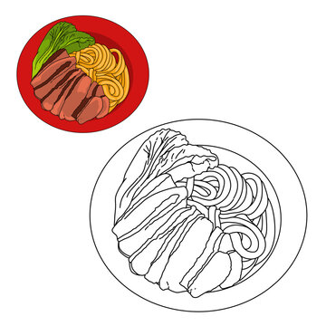 a dish of yellow noodles and meat beef slice and fresh mustard greens vegetable on red plate for dinner menu. Food illustration image for menu temolate asian dish