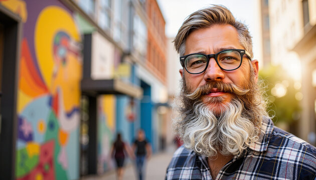 Bearded man smiling in urban cityscape, celebrating World Beard Day