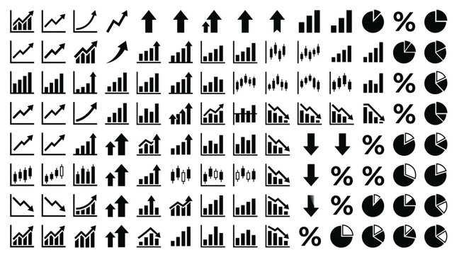 Black business chart icons set with bar graphs, pie charts, and growth arrows
