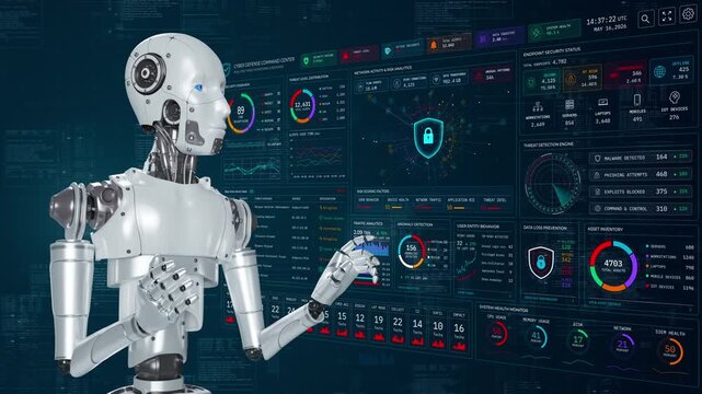 Motion graphic of a humanoid robot interacting with a futuristic cybersecurity dashboard, featuring data analytics, threat detection, and advanced artificial intelligence technology.