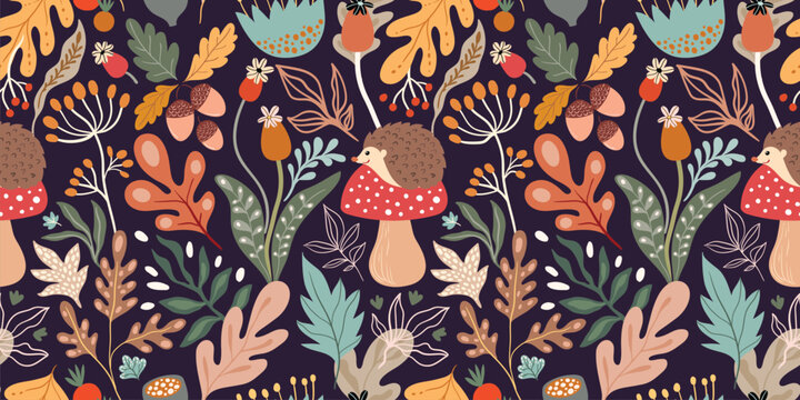 Autumnal seamless vector pattern with cozy woodland aesthetic, decorative wallpaper with hedgehog, mushrooms, acorn, leaves and plants, perfect for autumn stationery, fabric, wrapping paper, packaging