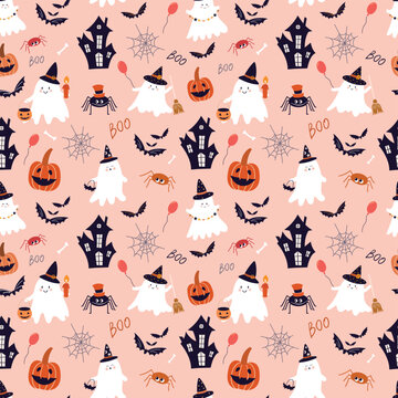 Halloween seamless pattern with funny ghosts, pumpkins, spiders and haunted houses, decorative wallpaper perfect for fabric, stationery, packaging, textiles, and autumn decorative designs.