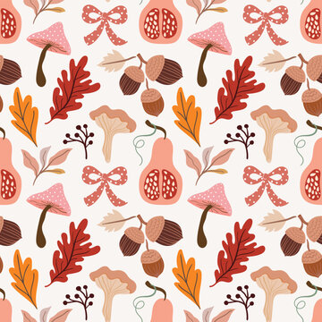 Autumnal seamless pattern with cozy woodland aesthetic, decorative wallpaper with pumpkins, mushrooms, leaves and plants, perfect for autumn stationery, fabric, wrapping paper, packaging, wallpaper