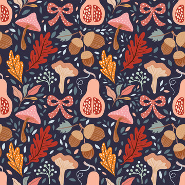 Charming Thanksgiving botanical background with cute forest mushrooms, pumpkins, decorative plants, leaves and delicate branches, seamless vector pattern with cozy woodland aesthetic