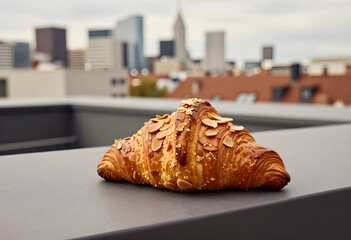 Fototapeta premium Urban breakfast and city lifestyle, almond croissant on a rooftop terrace with blurred metropolitan skyline background for travel and culinary concepts