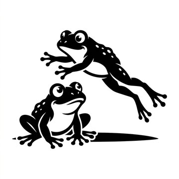 Black and white illustration of two cute jumping frogs isolated on a white background.