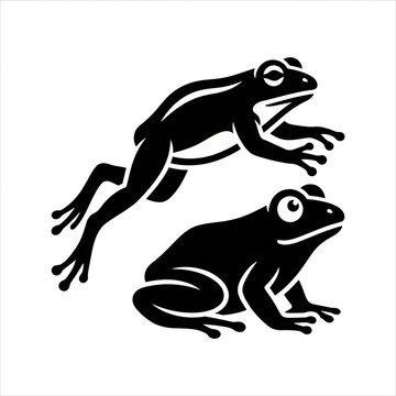 Black and white vector illustration of a jumping frog and a sitting frog on white background