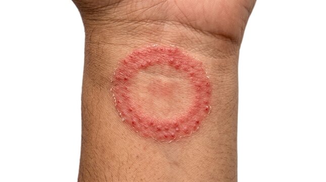 Macro view of human wrist displaying a circular red rash characteristic of ringworm or tinea corporis fungal infection