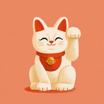 The illustration features a Maneki-neko cat with a raised paw, conveying good luck and fortune. The colors include warm cream and red.
