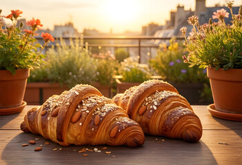 Obraz premium Breakfast and morning routine, fresh almond croissants on a wooden table with flowers on a balcony at sunrise for a cozy lifestyle and travel