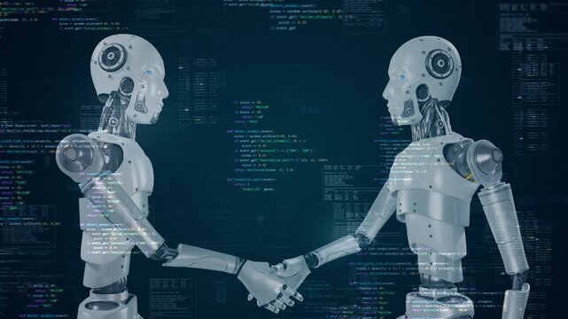 Motion graphic of two humanoid robots shaking hands against a background of glowing digital code, representing artificial intelligence collaboration, machine learning, and automation.