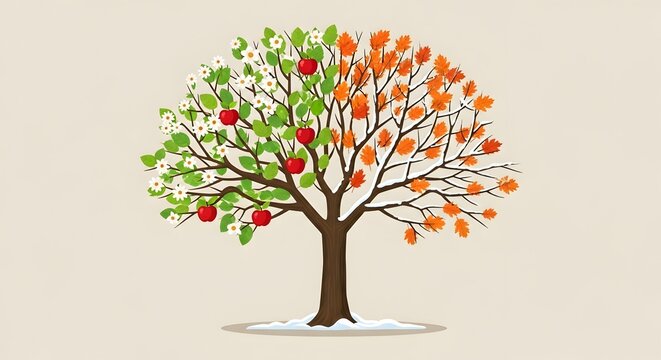 Tree displaying all four seasons with blossoms