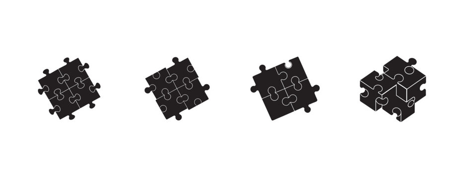 Creative puzzle pieces graphic illustration showing progressive assembly of square jigsaw blocks with interlocking shapes