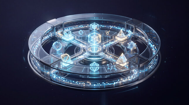 Abstract 3D Sci-Fi Tech Disc Mechanism with Circular Light Particles and Floating Crystal Shapes