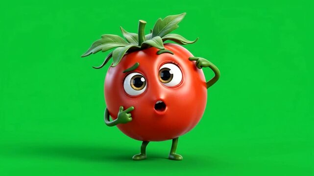 Tomato cartoon character with surprised facial expression isolated on a vibrant green background for creative design