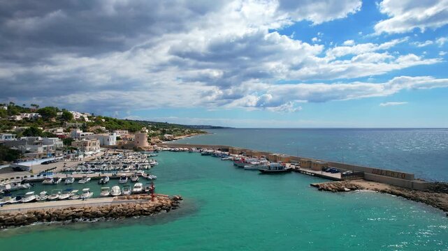 Marina di Pescoluse, Puglia &ndash; Torre Vado &ndash; lateral aerial shot along the harbor entrance