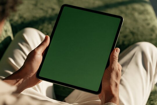 A person holding a tablet computer with a green screen display while sitting on a green sofa, viewed from a close-up perspective in a room