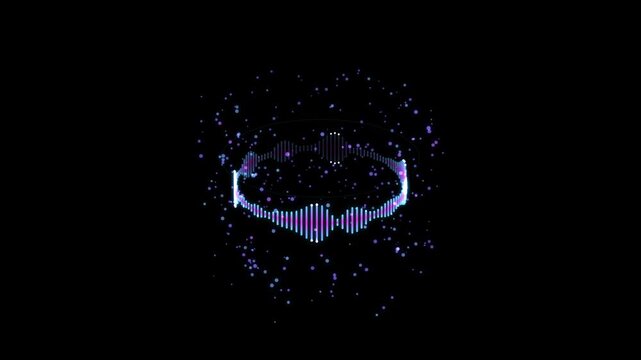 Abstract circular digital equalizer with glowing neon wave particles on black backdrop for music.