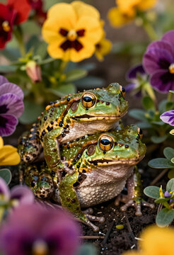 Biodiversity and ecosystem health, two green frogs mating in a garden with colorful pansy flowers, wildlife conservation and nature photography