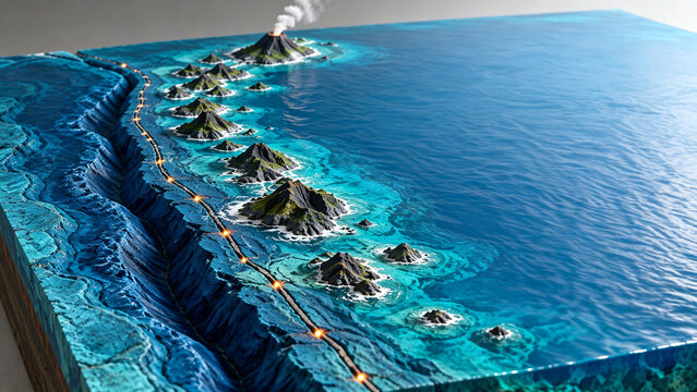 Three dimensional geological cross section diorama illustrating oceanic subduction trench and volcanic island arc chain with erupting volcano in deep blue ocean water