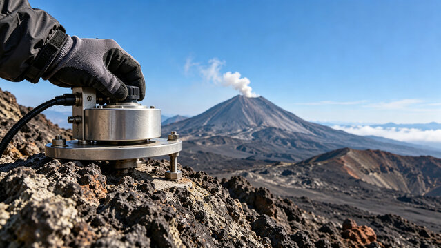 Gloved hand adjusting a scientific monitoring device on rugged volcanic rock with an active smoking stratovolcano in the background under clear blue sky
