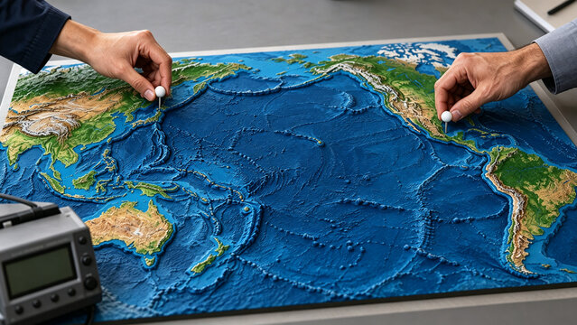 Two hands placing location pins on a detailed 3D topographic relief map of the Pacific Ocean basin showing ocean trenches and mountain ridges