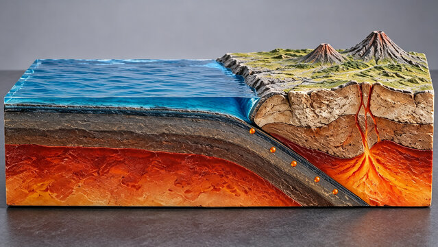 Educational 3D cross section model of oceanic plate subduction zone showing magma chamber feeding volcanoes and seismic earthquake hypocenters along the fault