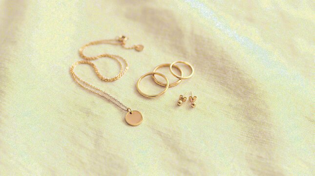Gold jewelry set necklace rings and stud earrings on fabric background