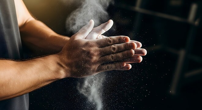 Athletic person clapping hands together with gymnastic chalk creating a dust cloud in a gym.