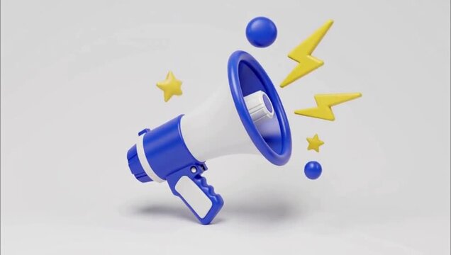 3D render of a blue and white megaphone with yellow lightning bolts and stars.