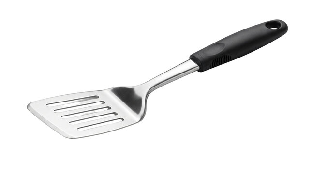 Stainless steel spatula tool, slotted metal kitchen turner, durable cooking utensil with black handle isolated PNG with Transparent Background