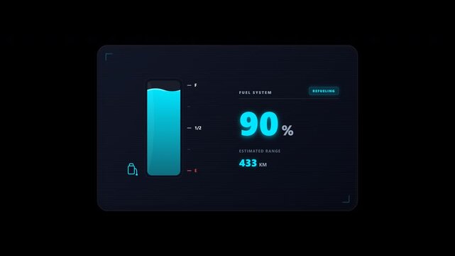 A premium gaming-inspired automotive dashboard animation featuring a stylized fuel gauge, dynamic liquid fill motion, synchronized vehicle range data, and a satisfying full-tank payoff inside a sleek