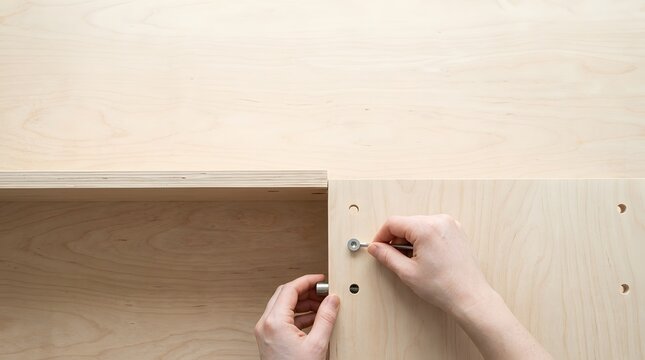Hands assembling a wooden plywood shelf using metal hardware on a light wood background overhead top down view