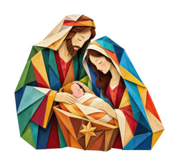 Obraz premium PNG Colorful geometric nativity illustration depicting holy family
