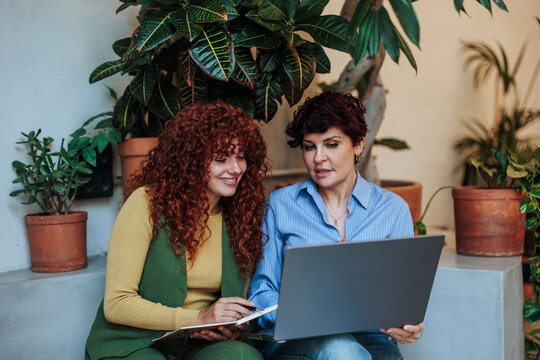 Women collaborating using laptop in green office space