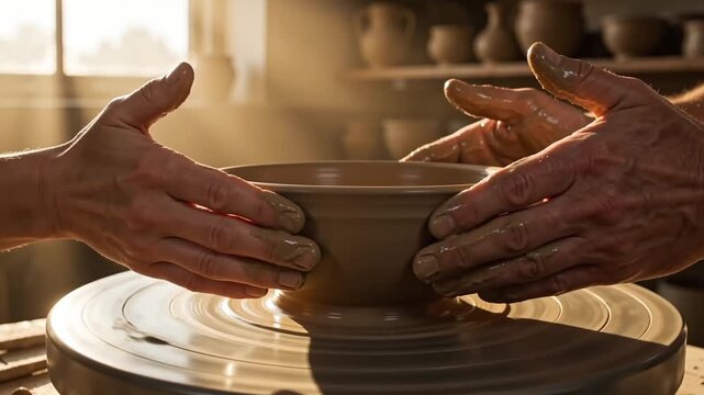 Artisan shaping handmade clay bowl on pottery wheel in traditional ceramic studio