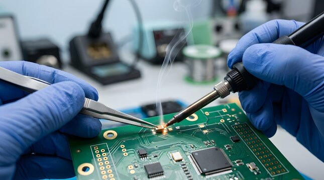 Professional gloved hands soldering a small component onto a green circuit board with rising smoke in lab work