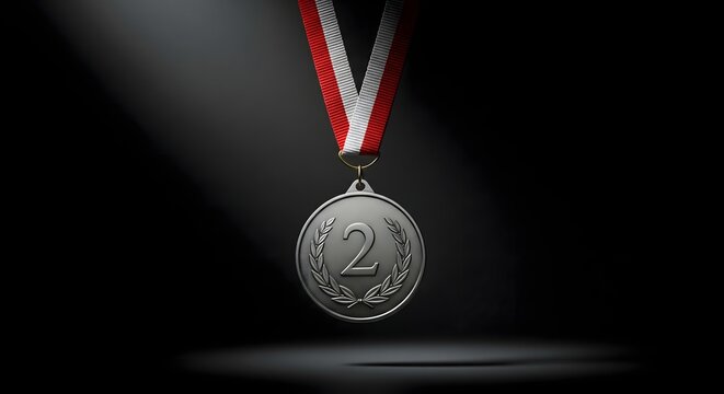 A silver medal with number two hanging by a red and white ribbon against a dark background