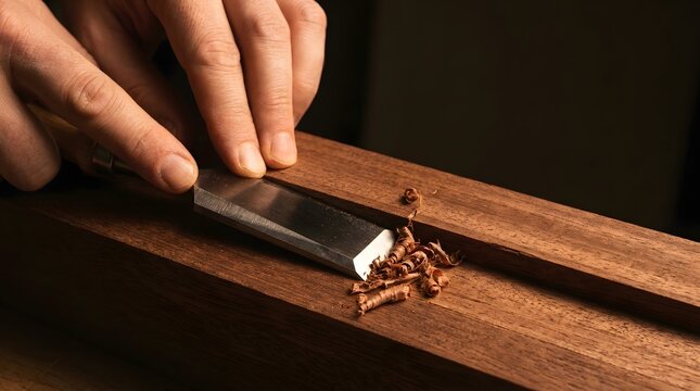 Craftsman hands using a sharp steel chisel to carve wood under warm dramatic side lighting in a small workshop
