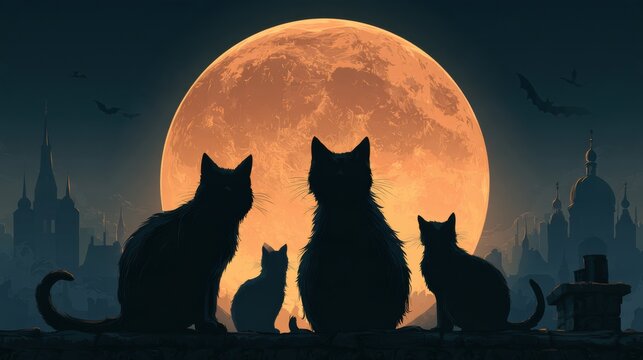 Multiple black cat silhouettes sit on a rooftop against a large full moon in a city at night. Bats fly in the distance, adding to the atmosphere.